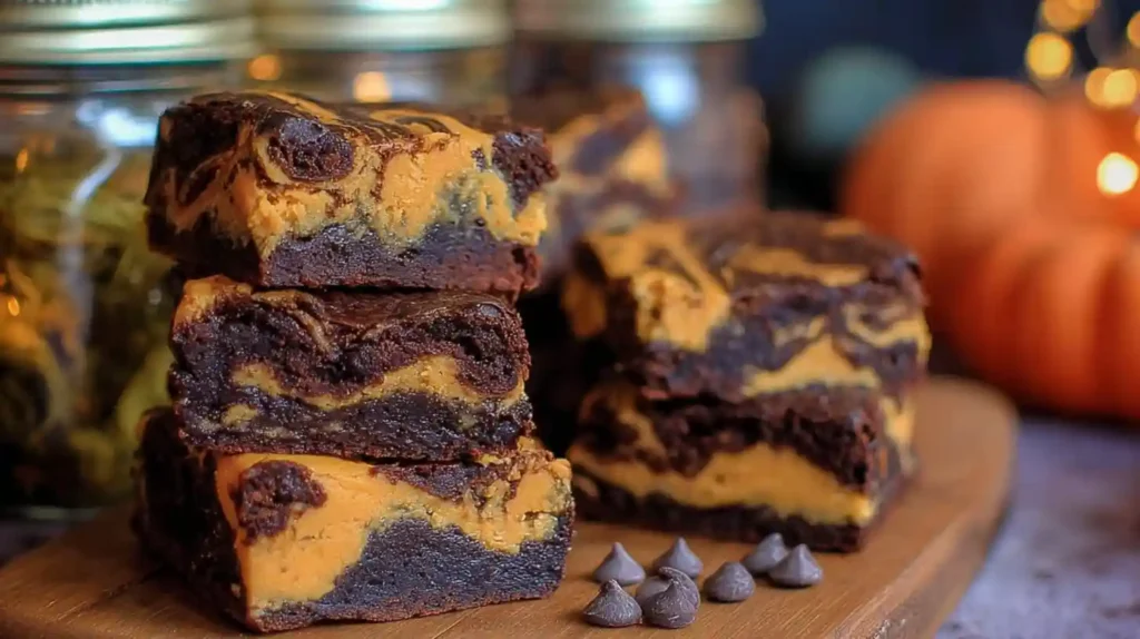 Stack of rich pumpkin brownies with chocolate swirls on a wooden board, surrounded by fall decor.