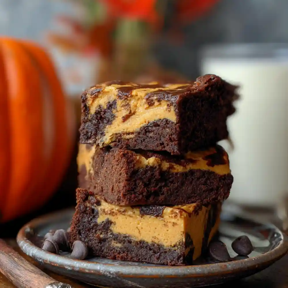 Stack of pumpkin brownies with rich chocolate and pumpkin layers on a ceramic plate, with chocolate chips and fall decor.