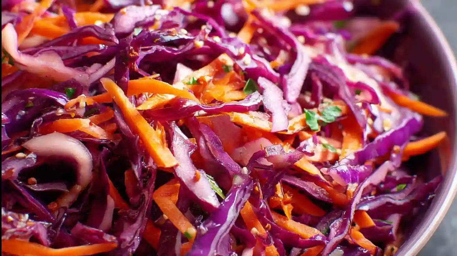 Colorful red cabbage and carrot coleslaw in a purple bowl with a serving spoon