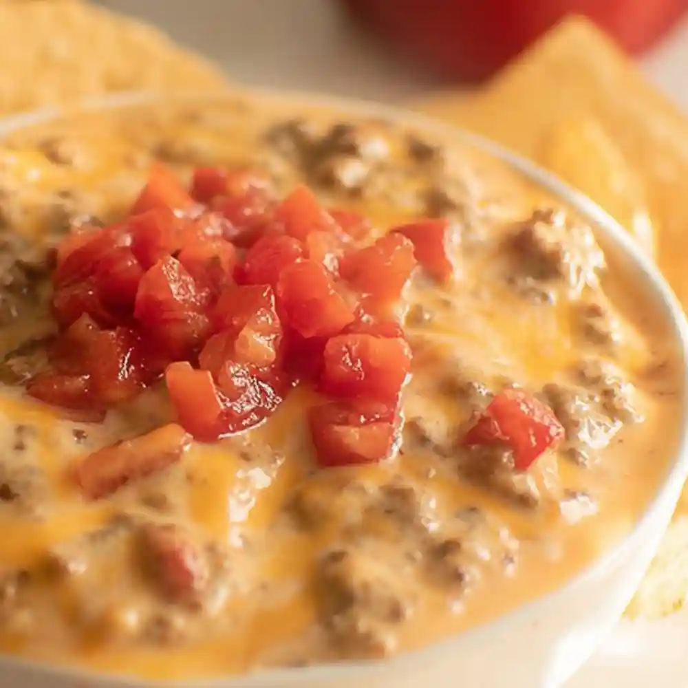 Rotel dip with ground beef in a white bowl, topped with diced tomatoes and surrounded by tortilla chips.