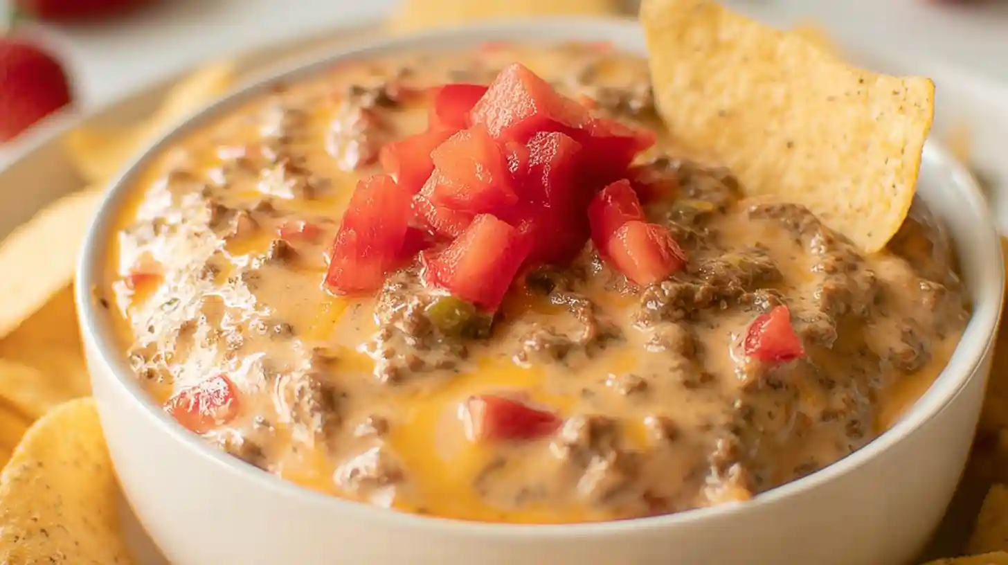 Bowl of creamy Rotel dip with ground beef, topped with diced tomatoes and served with tortilla chips.