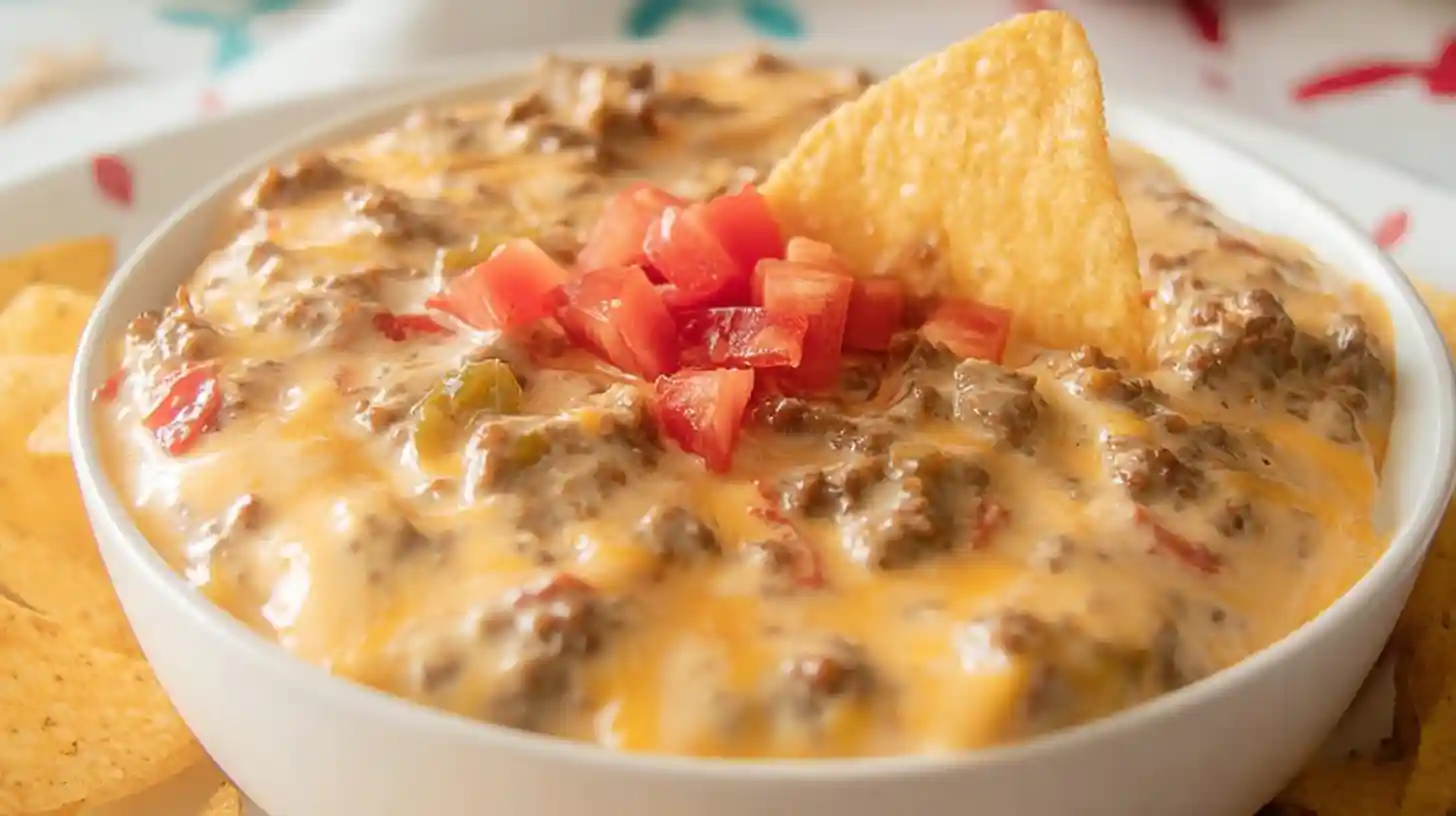 Close-up of creamy Rotel dip with ground beef, topped with diced tomatoes and served with tortilla chips in a white bowl.