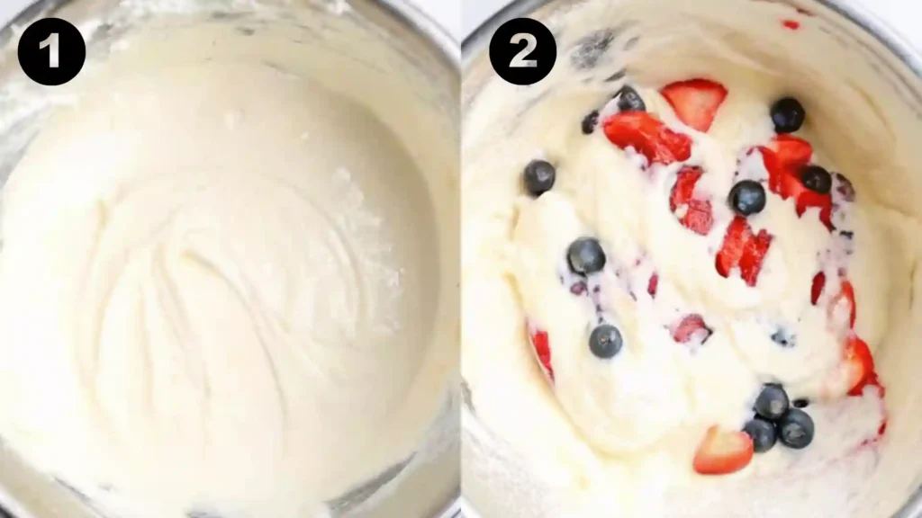 Step-by-step mixing of triple berry cheesecake fruit salad with creamy base and fresh berries in a metal bowl.