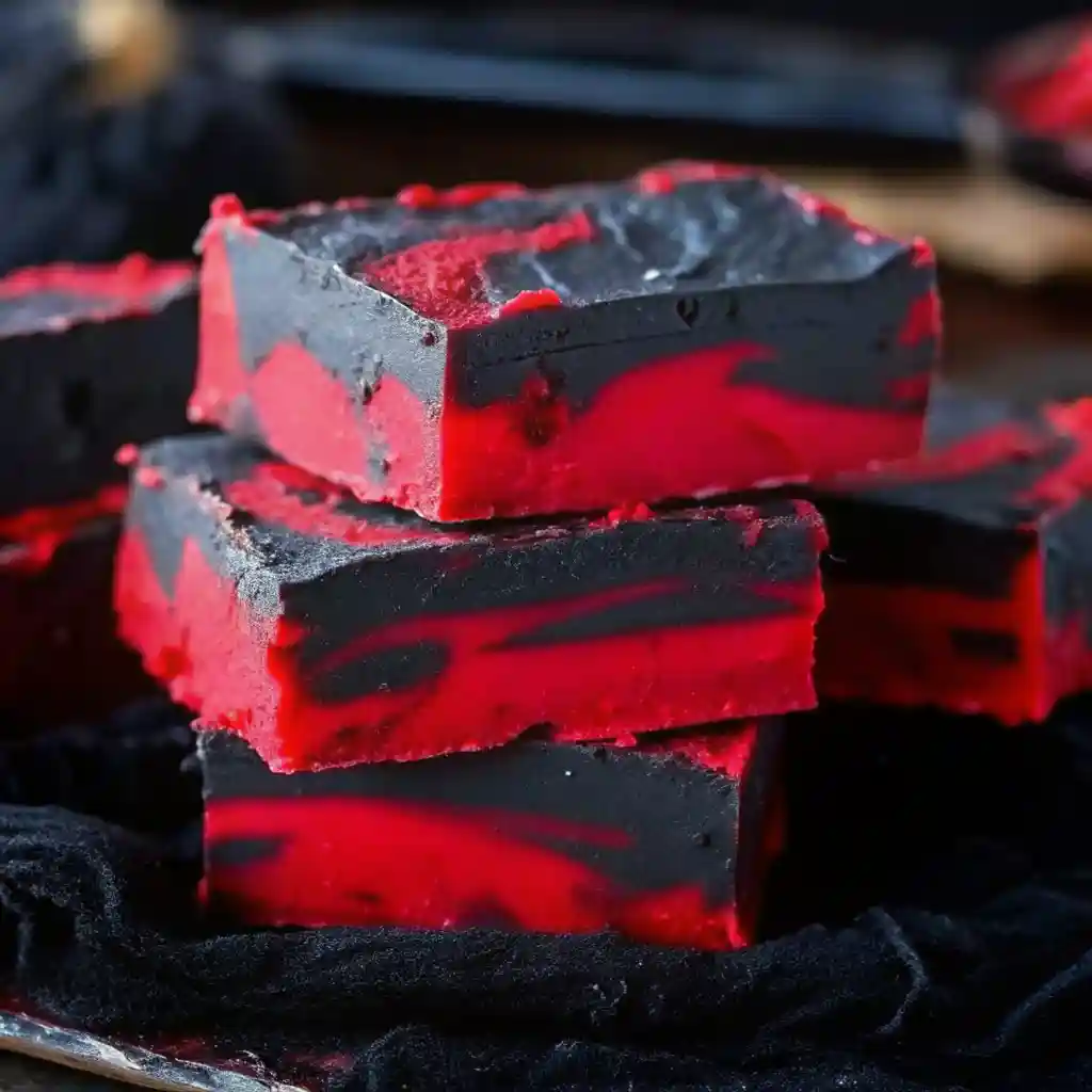 Stacked slices of red and black vampire fudge with smooth swirls, served on a dark wooden board.