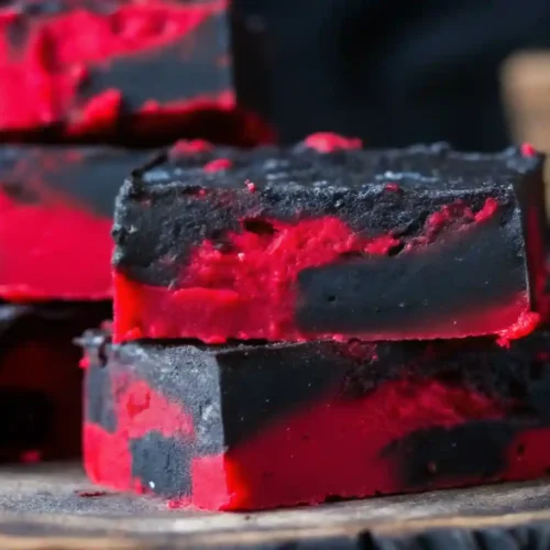 Close-up of vibrant red and black swirled vampire fudge squares stacked on a rustic wooden board.