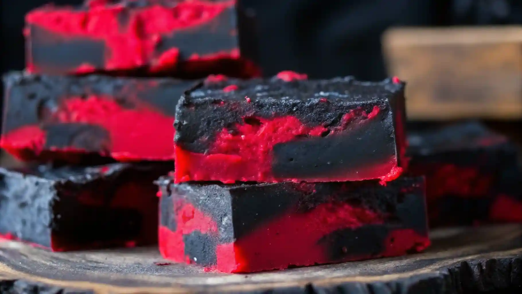 Close-up of vibrant red and black swirled vampire fudge squares stacked on a rustic wooden board.