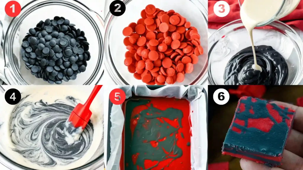 Step-by-step collage showing how to make Vampire Fudge with black and red candy melts, frosting, swirling, and finished square.