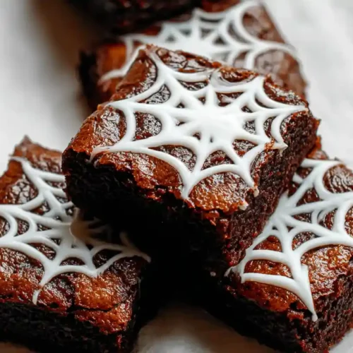 Stack of fudgy brownies topped with white chocolate spiderweb designs on parchment paper.