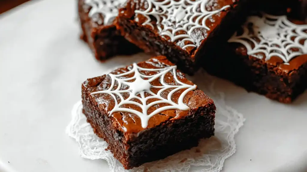 Close-up of a fudgy brownie topped with a white chocolate spiderweb design on a lace doily.