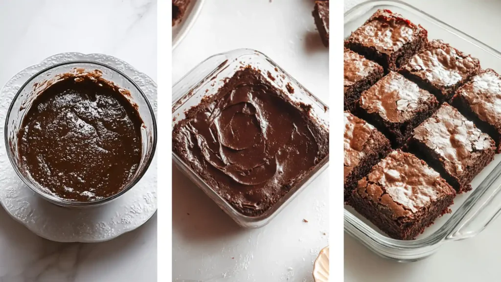 Step-by-step process of making white chocolate spiderweb brownies, from batter to baked and sliced.
