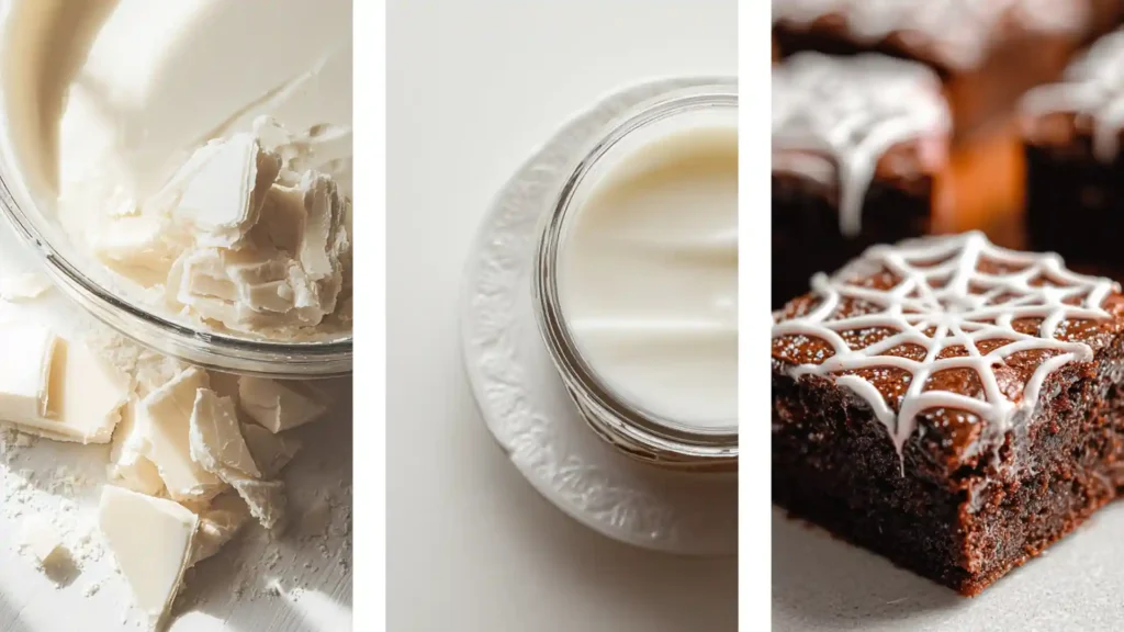 Collage of white chocolate pieces, melted white chocolate, and finished spiderweb brownies.