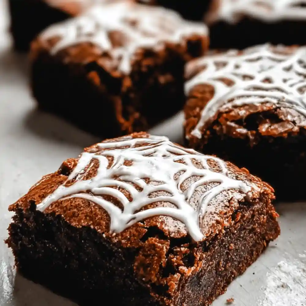 Close-up of a rich chocolate brownie topped with a white chocolate spiderweb design.