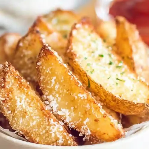 Golden, crispy air fryer potato wedges sprinkled with salt and herbs in a white bowl with ketchup in the background.