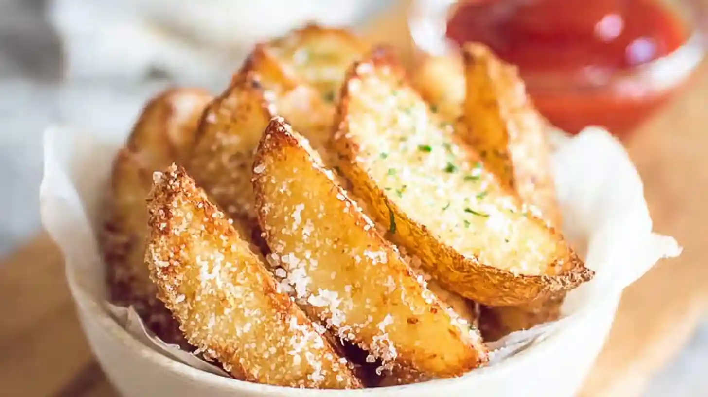 Golden, crispy air fryer potato wedges sprinkled with salt and herbs in a white bowl with ketchup in the background.
