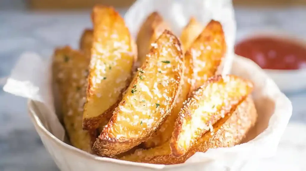 Golden brown air fryer potato wedges topped with coarse salt and parsley, served in a white bowl with ketchup.