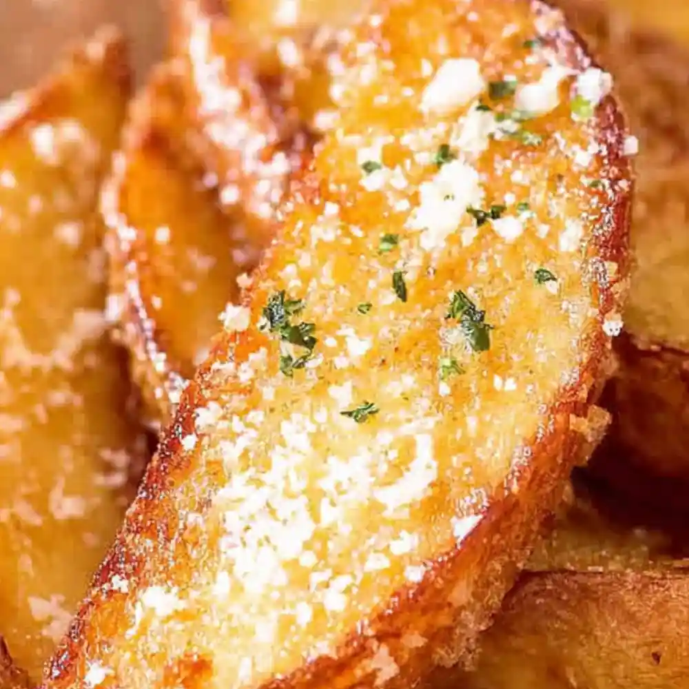Close-up of a crispy air fryer potato wedge topped with grated Parmesan and fresh parsley.