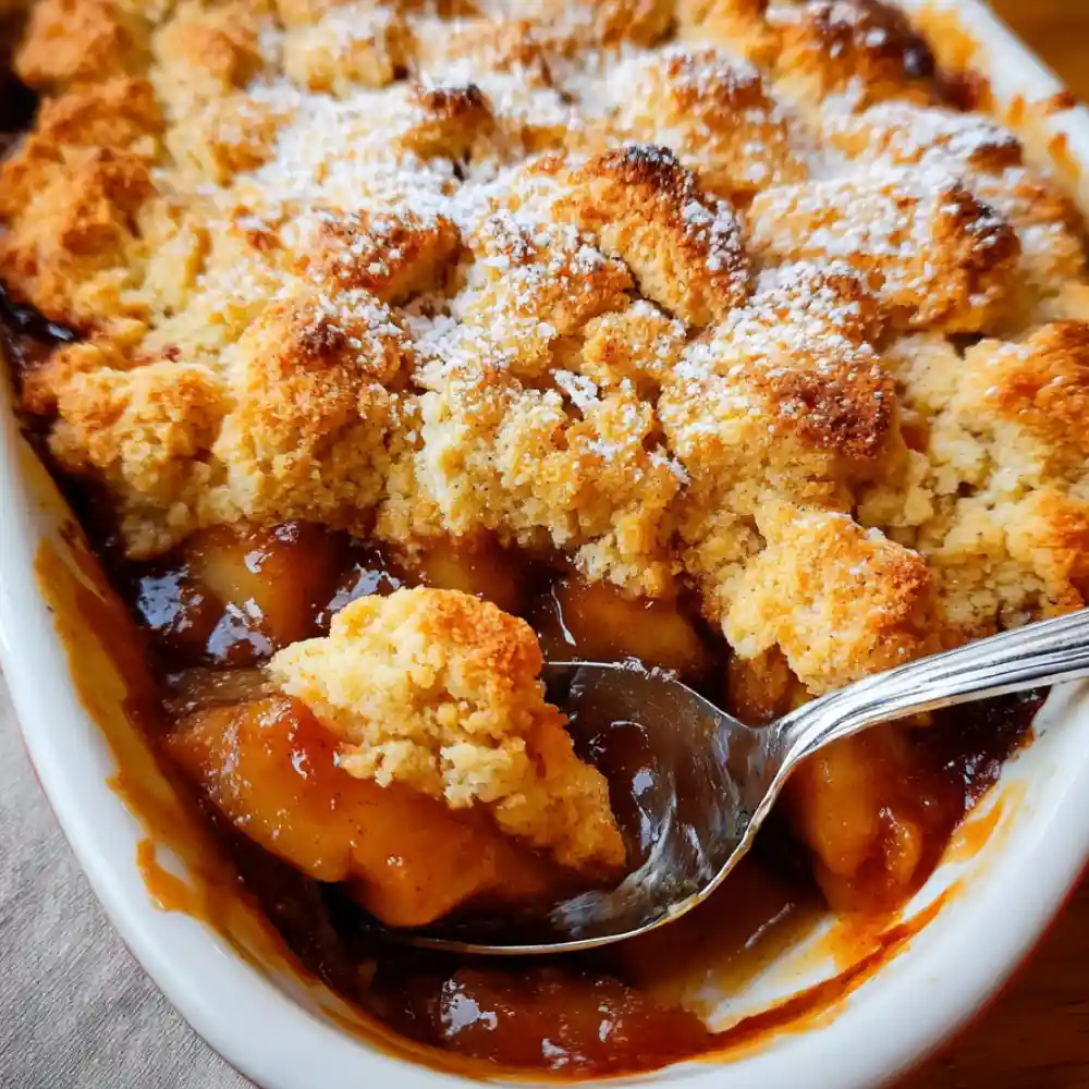 Baked apple cobbler with golden crumble topping, dusted with powdered sugar in a white dish with a spoon.