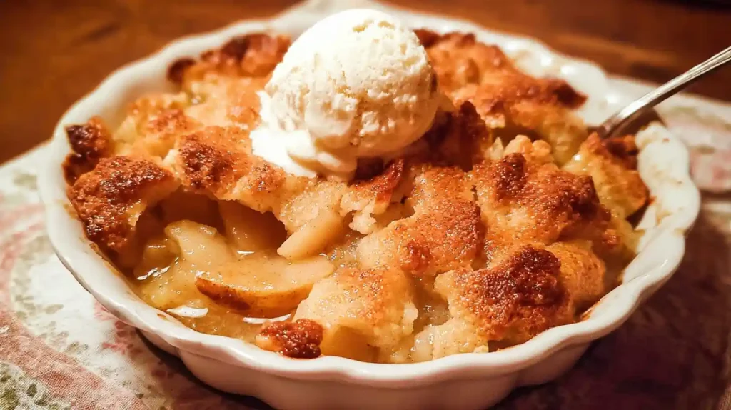 Close-up of homemade apple cobbler with golden crust and vanilla ice cream in a white scalloped dish.
