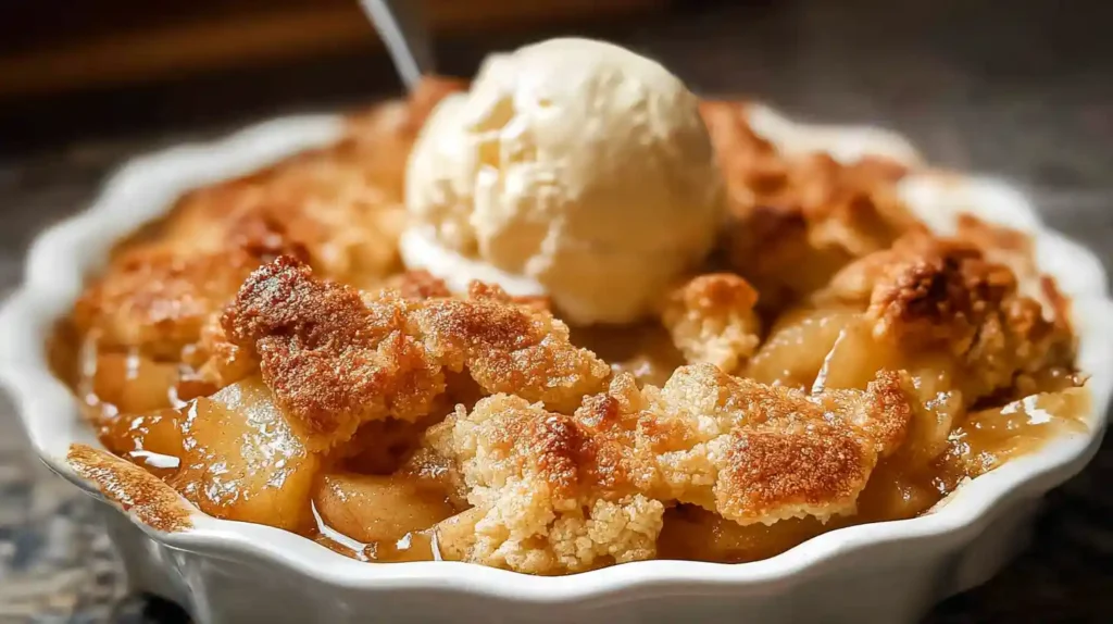 Homemade apple cobbler with golden biscuit topping and vanilla ice cream in a white dish.