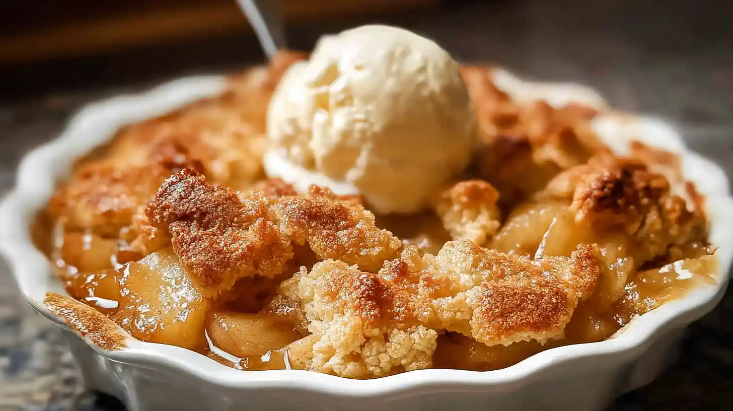 Homemade apple cobbler with golden biscuit topping and vanilla ice cream in a white dish.