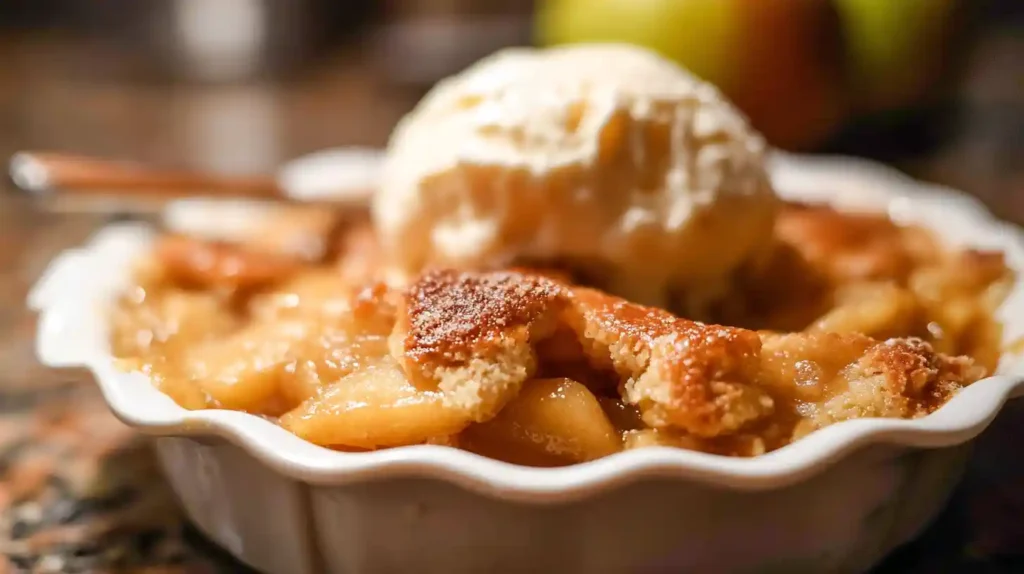 Close-up of apple cobbler with golden biscuit topping and vanilla ice cream in a white scalloped dish.
