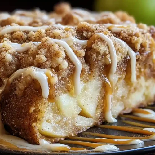Close-up of moist apple crumb cake with thick cinnamon drizzle on a dark plate.