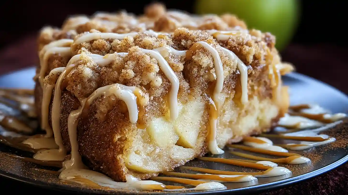 Close-up of moist apple crumb cake with thick cinnamon drizzle on a dark plate.