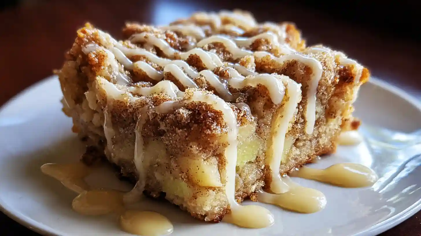 Slice of apple crumb cake with cinnamon drizzle on white plate