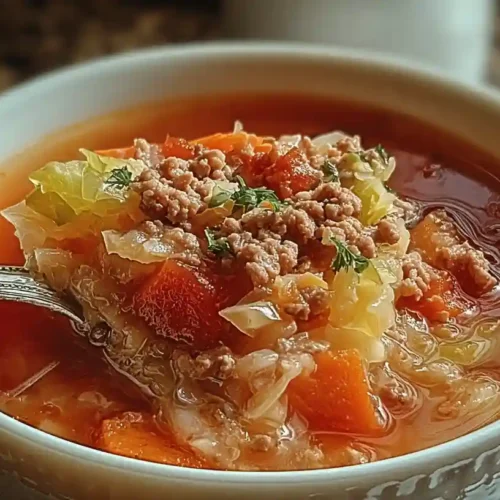 Bowl of hearty cabbage roll soup with ground beef, carrots, and cabbage in a rich tomato broth.