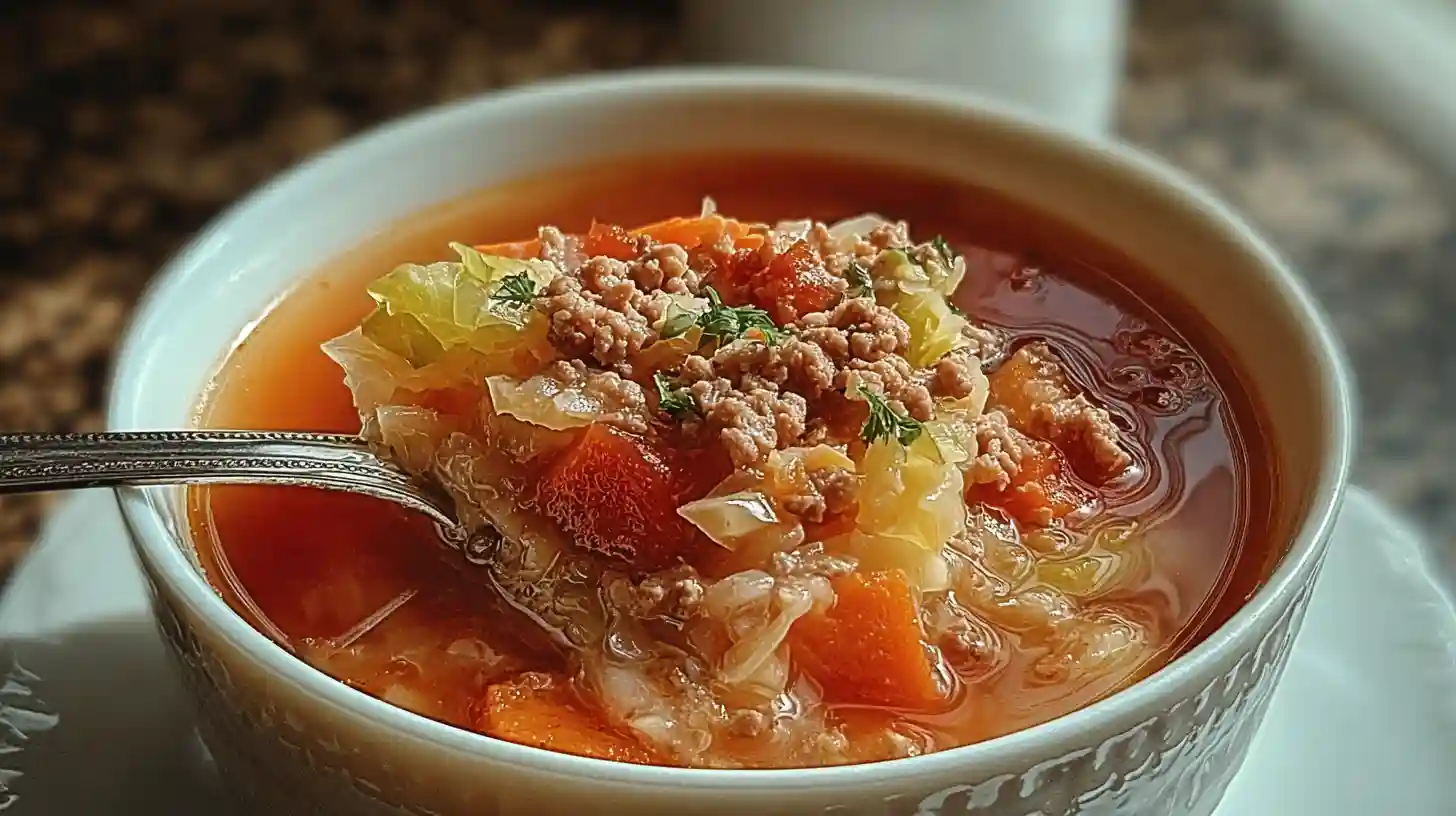 Bowl of hearty cabbage roll soup with ground beef, carrots, and cabbage in a rich tomato broth.