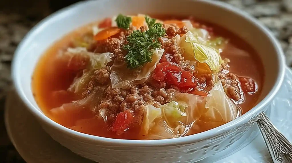 Bowl of cabbage roll soup with ground beef, carrots, and cabbage in a tomato broth, garnished with parsley.