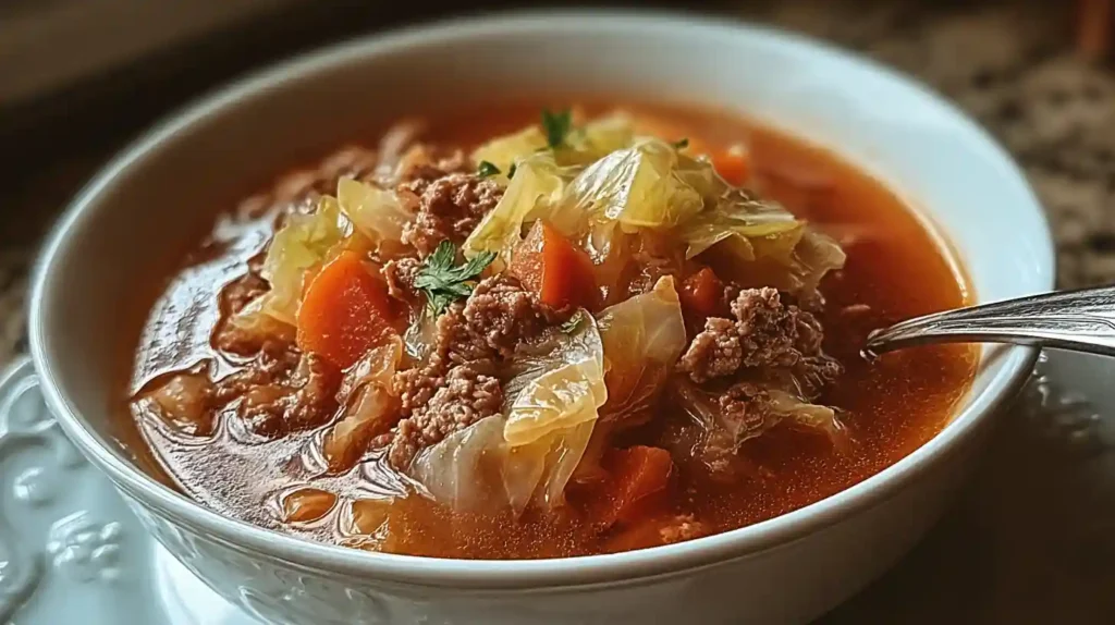 Bowl of cabbage roll soup with ground beef, tomatoes, cabbage, and carrots in a tomato broth, topped with fresh parsley.