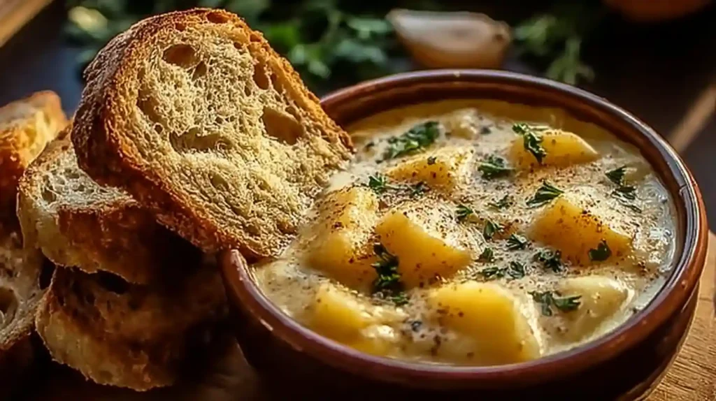 Creamy cheddar garlic herb potato soup in a rustic bowl, topped with parsley and served with toasted bread slices.