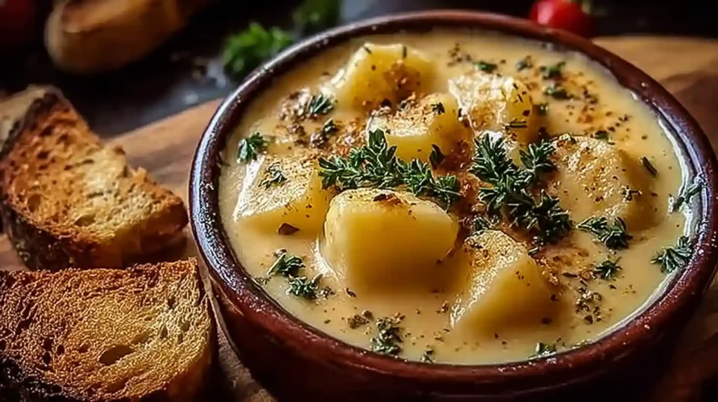 Bowl of creamy cheddar garlic herb potato soup garnished with fresh parsley, served with crispy toasted bread slices.