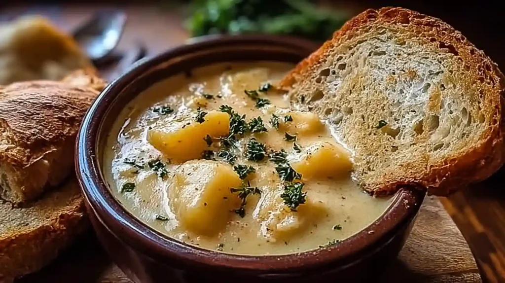 Rustic bowl of cheddar garlic herb potato soup with large potato chunks, garnished with herbs, served alongside slices of crusty bread.