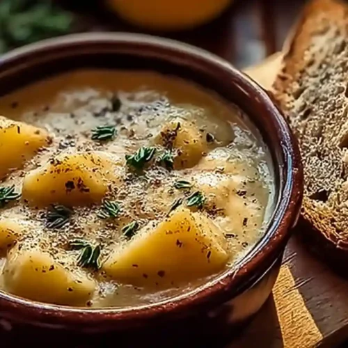 Rustic bowl of cheddar garlic herb potato soup with fresh thyme and crusty bread slices on a wooden board.