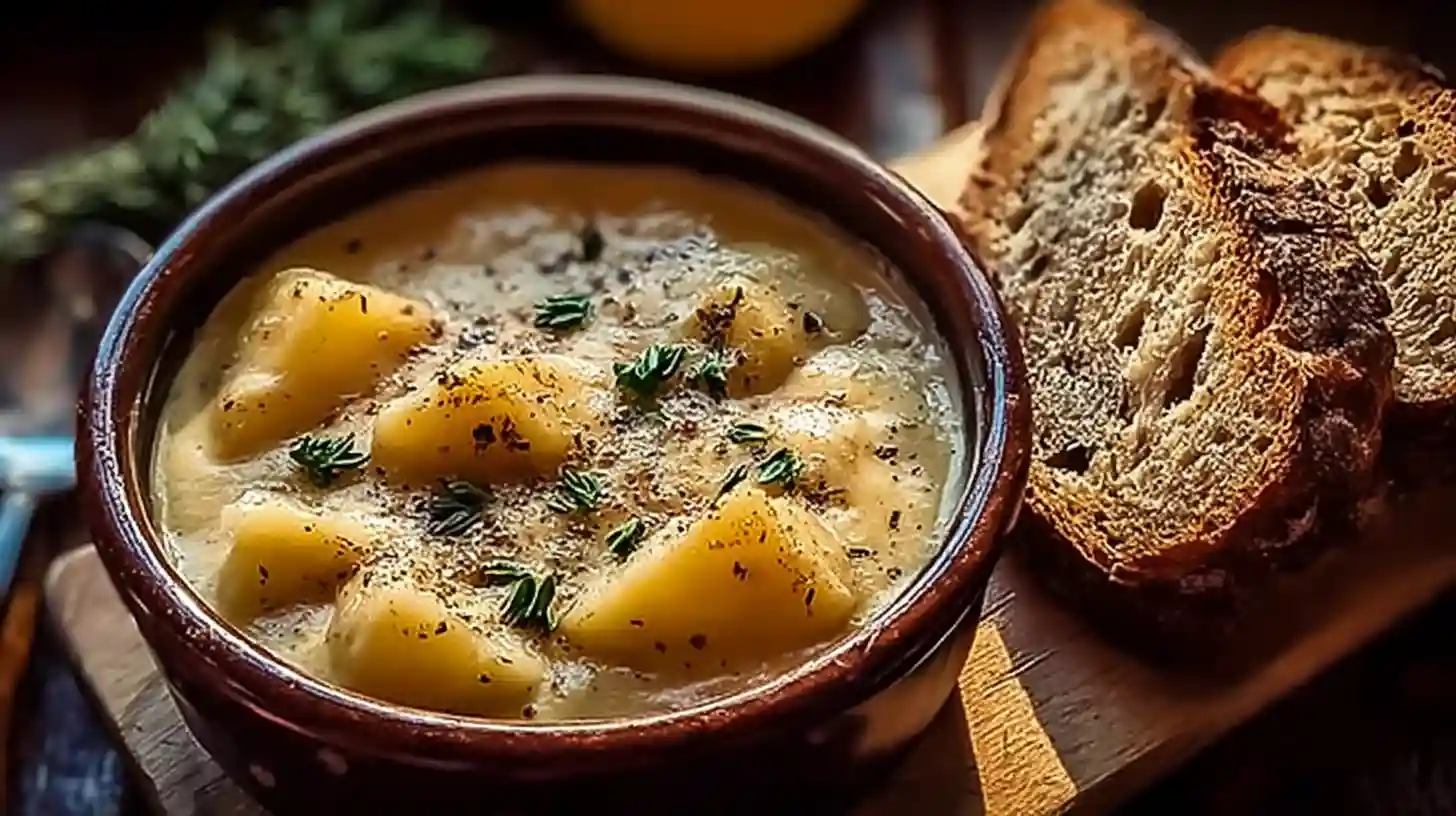 Rustic bowl of cheddar garlic herb potato soup with fresh thyme and crusty bread slices on a wooden board.