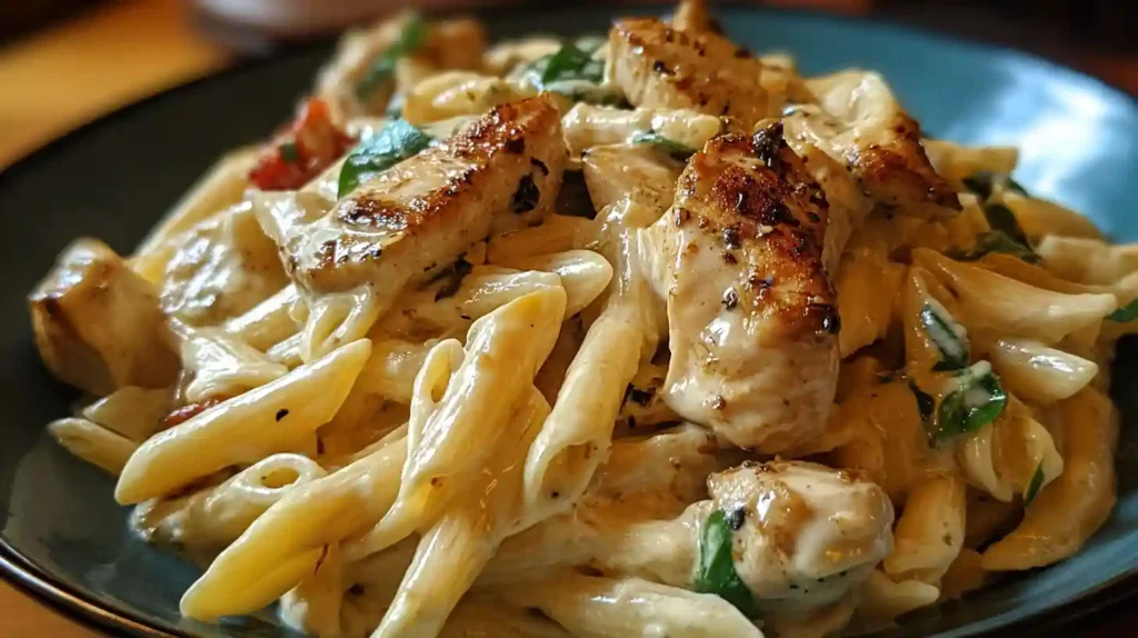 Creamy Cajun chicken pasta with penne, seared chicken breast pieces, and fresh herbs in a rich cream sauce.