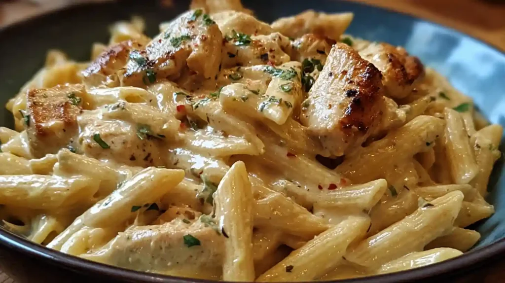 Creamy Cajun chicken pasta with penne, seared chicken breast strips, and fresh herbs in a rich Cajun cream sauce.