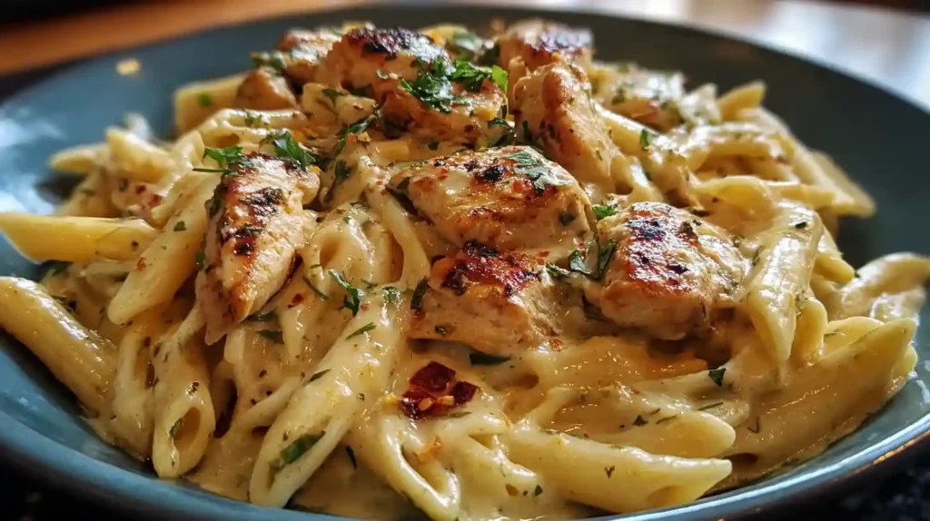 Creamy Cajun chicken pasta with penne, tender seared chicken, and fresh herbs in a rich sauce.