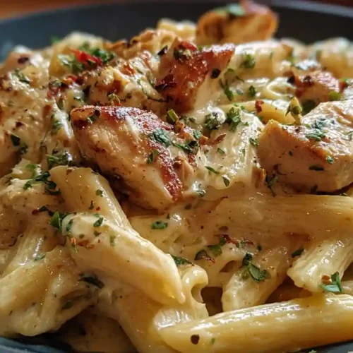 Close-up of creamy Cajun chicken pasta with penne and golden seared chicken in a rich sauce.