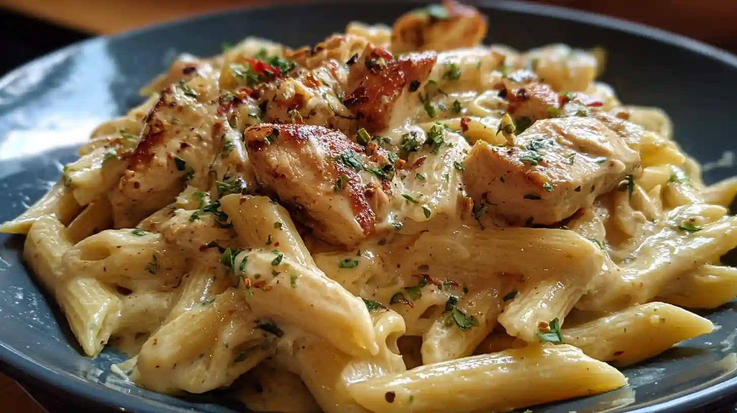 Close-up of creamy Cajun chicken pasta with penne and golden seared chicken in a rich sauce.