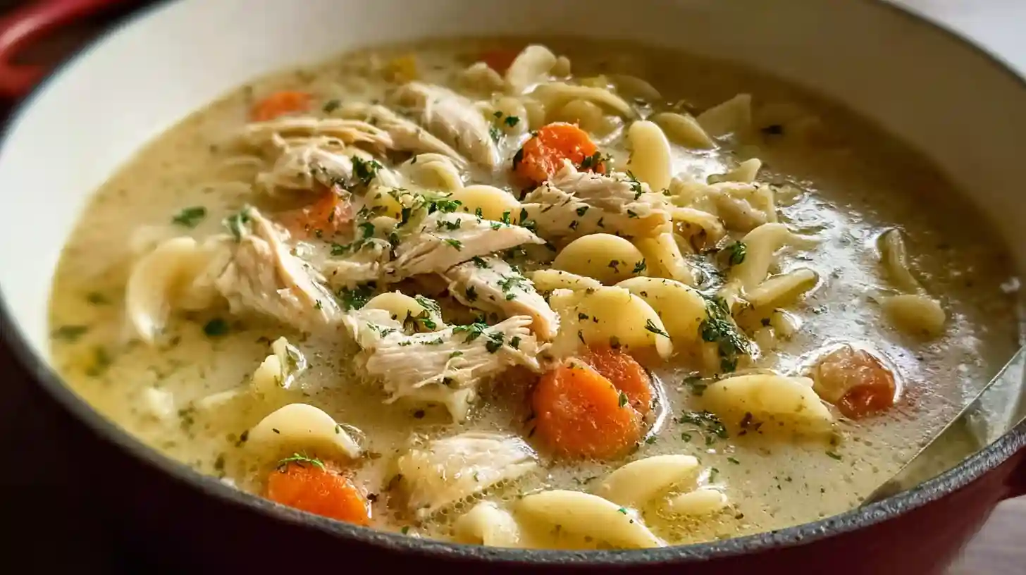 Creamy chicken noodle soup with wide egg noodles, carrots, shredded chicken, and herbs in a Dutch oven.