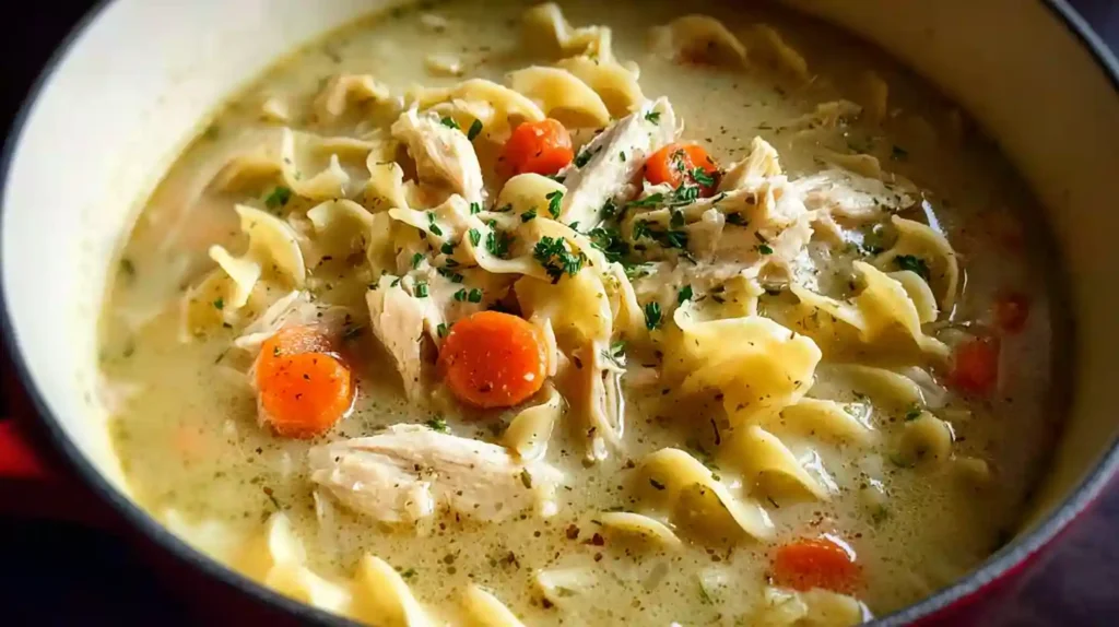 Creamy chicken noodle soup with shell noodles, shredded chicken, carrots, and herbs in a Dutch oven.