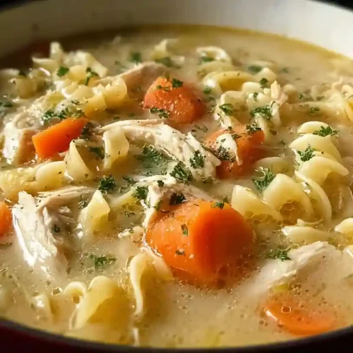 Creamy chicken noodle soup in a red pot with carrots, shredded chicken, wide egg noodles, and herbs.