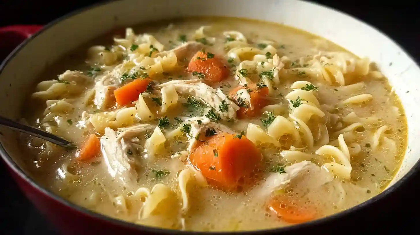 Creamy chicken noodle soup in a red pot with carrots, shredded chicken, wide egg noodles, and herbs.