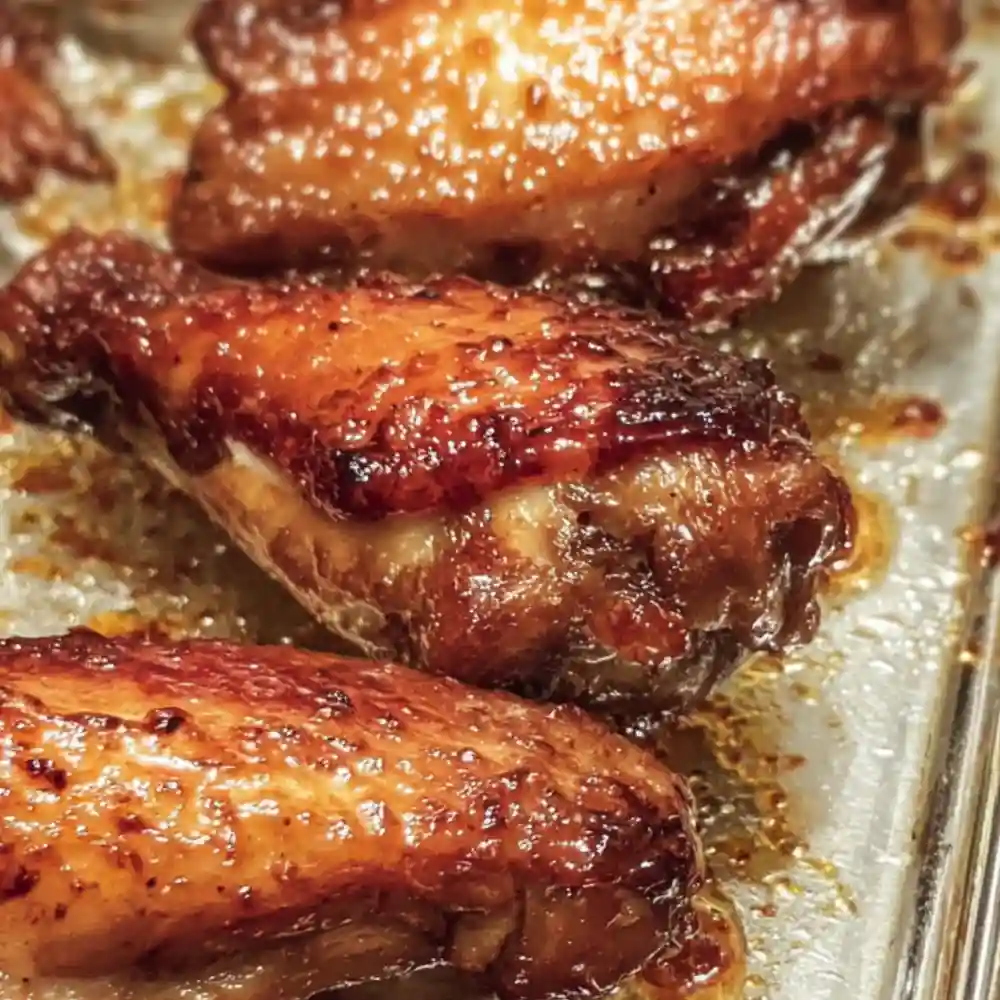 Close-up of crispy oven baked chicken wings with golden brown skin on a metal baking tray.