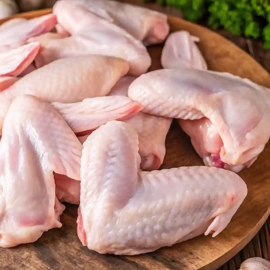 Raw chicken wings on a wooden platter, ready for seasoning and baking.