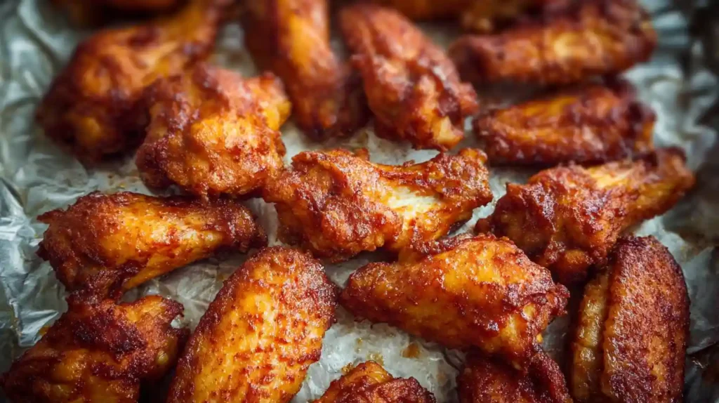 Crispy oven baked chicken wings arranged on a parchment-lined tray, golden and coated with seasoning.
