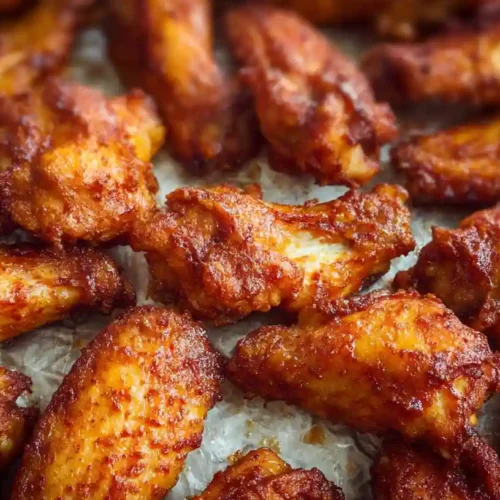 Crispy oven baked chicken wings arranged on a parchment-lined tray, golden and coated with seasoning.